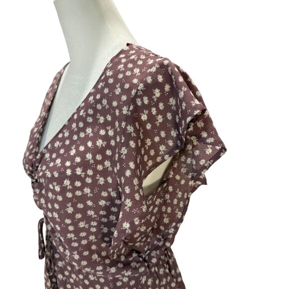 NWOT Size M Mauve Floral Print Dress, Ruched Drawstring Waist, Flutter Sleeves - Picture 4 of 4